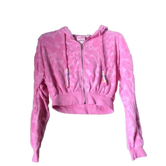Barbie x Forever 21 Pink Barbiecore Floral Full Zip Beaded Crop Hoodie Size S - Picture 1 of 12